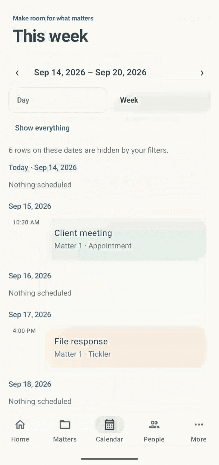 Ciprocity mobile week view on Android listing appointments and ticklers by day