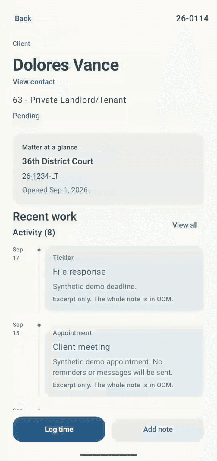 Ciprocity mobile matter detail on Android with the matter at a glance, recent activity, and Log time and Add note buttons