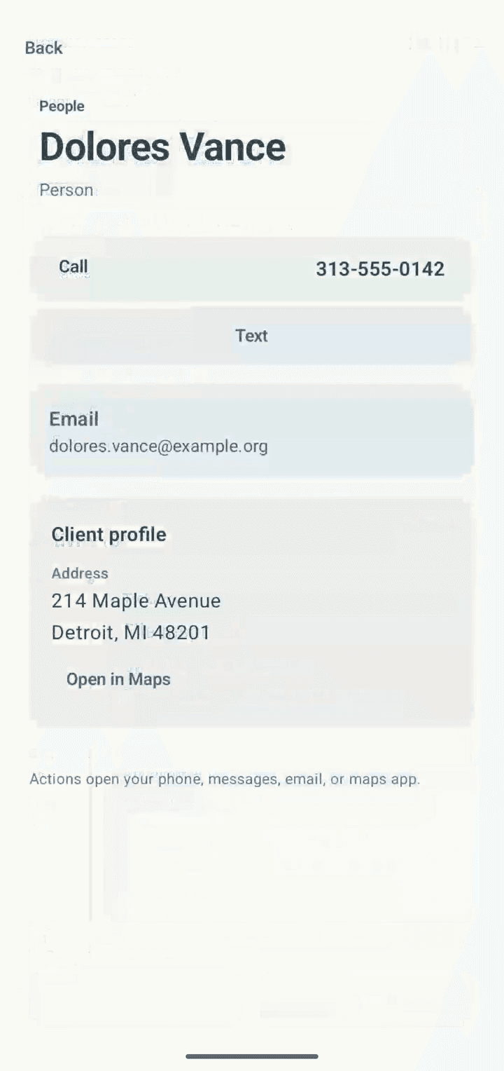 Ciprocity mobile contact record on Android with call, text, email, and address actions