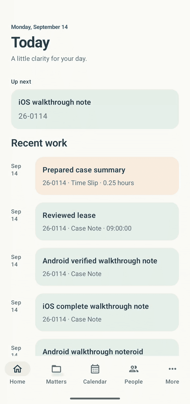 Ciprocity mobile Home screen on Android showing what is up next and recent work