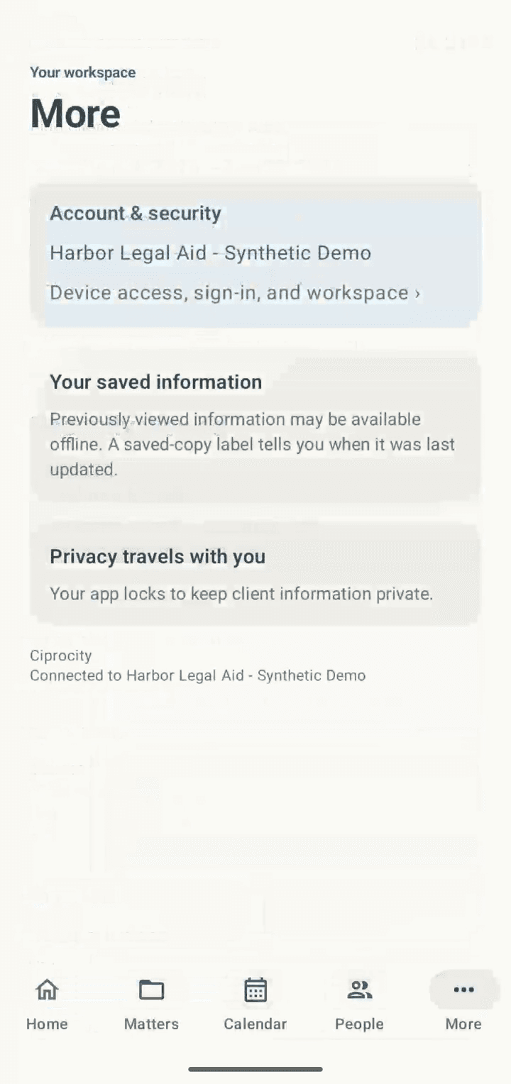 Ciprocity mobile More screen on Android with account, security, and offline information